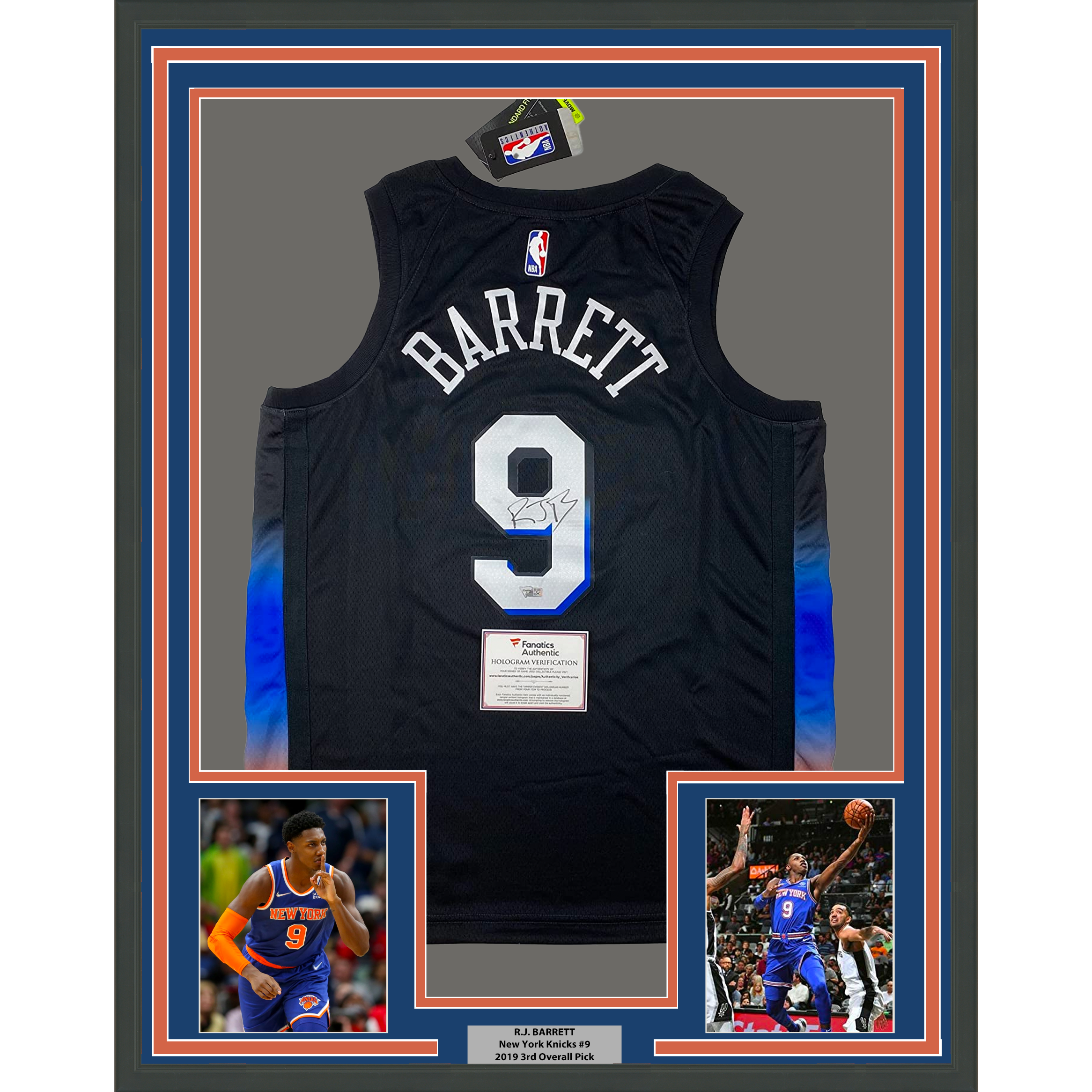 Framed Autographed/Signed RJ R.J. Barrett 35x39 New York Knicks Black City Basketball Jersey Fanatics COA