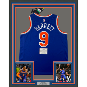 Framed Autographed/Signed RJ R.J. Barrett 35x39 New York Knicks Blue Basketball Jersey Fanatics COA