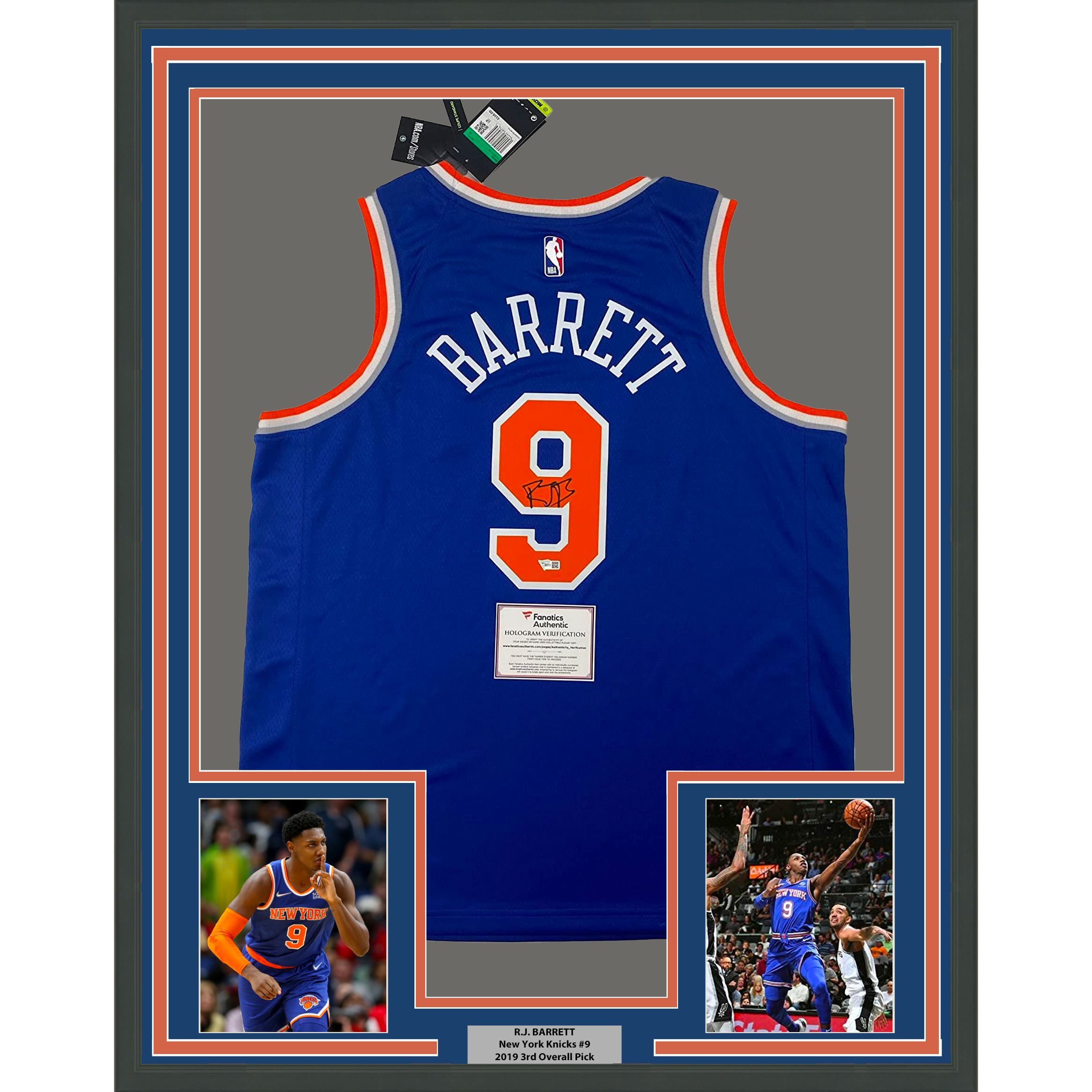 Framed Autographed/Signed RJ R.J. Barrett 35x39 New York Knicks Blue Basketball Jersey Fanatics COA