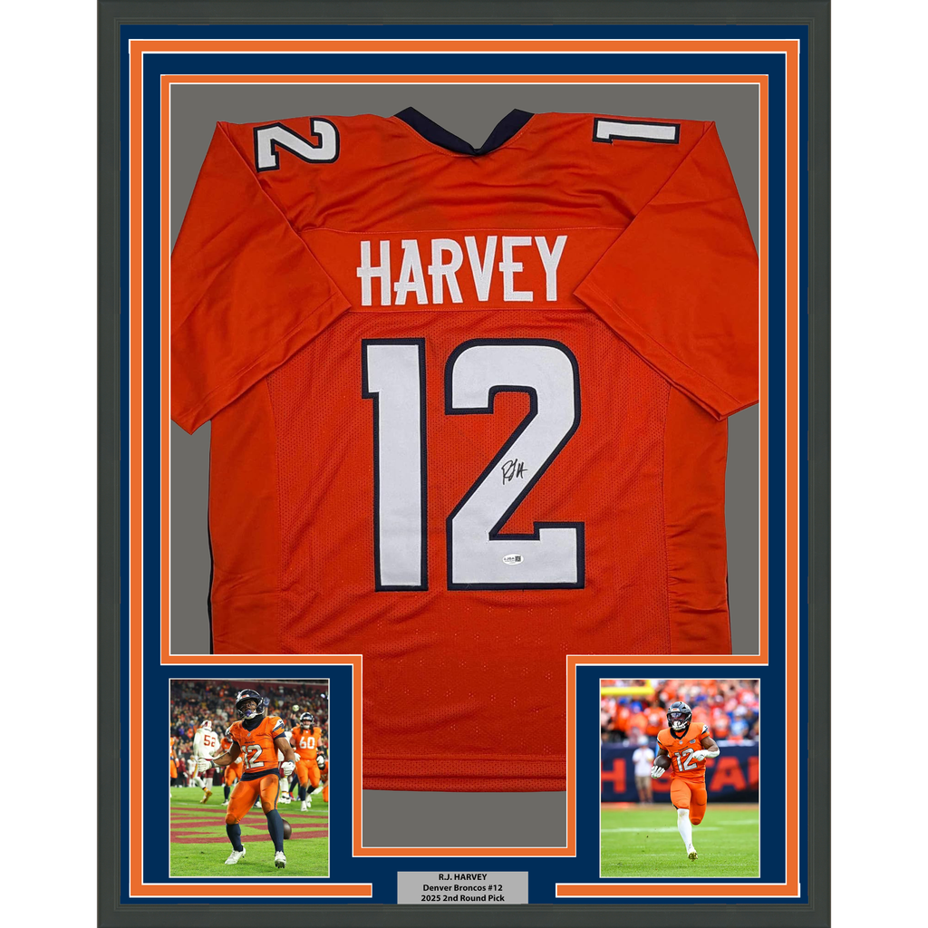 Framed Autographed/Signed R.J RJ Harvey 35x36 Denver Orange Football Jersey JSA COA