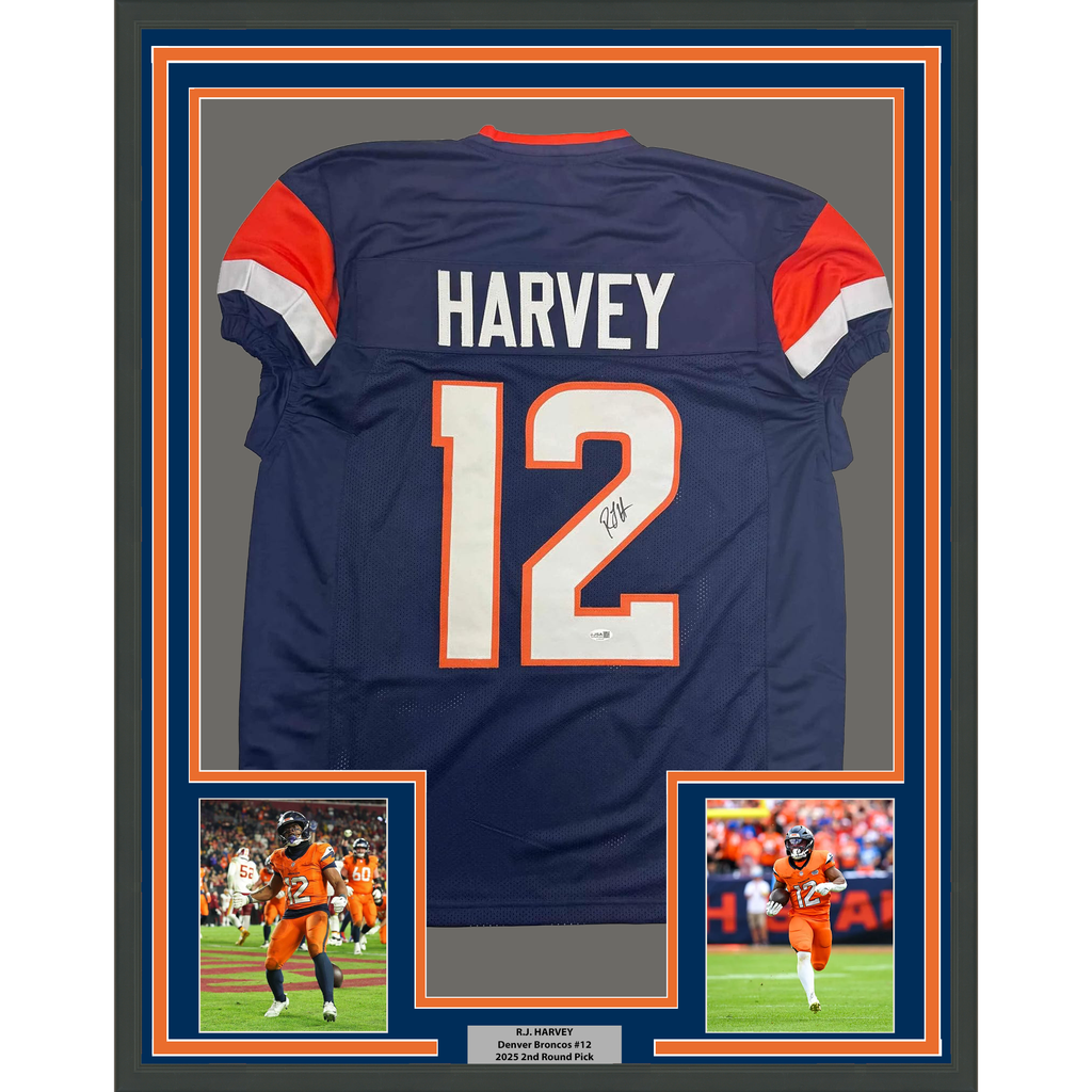Framed Autographed/Signed R.J RJ Harvey 35x39 Denver Blue Football Jersey JSA COA