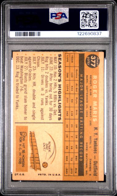 Graded 1960 Topps Roger Maris #377 Baseball Card PSA 4 VG-EX