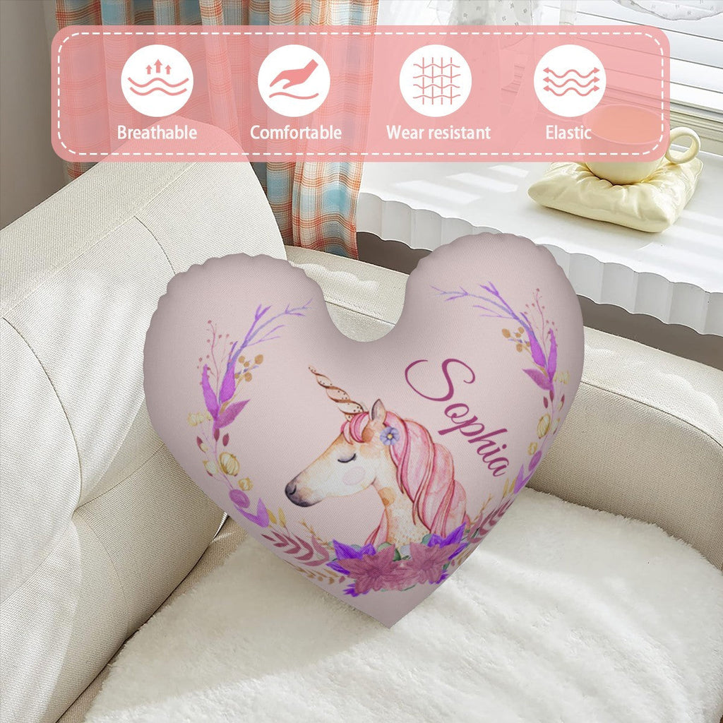 Personalized Unicorn Heart Pillow – Floral Custom Name Gift – Cotton Filling Included