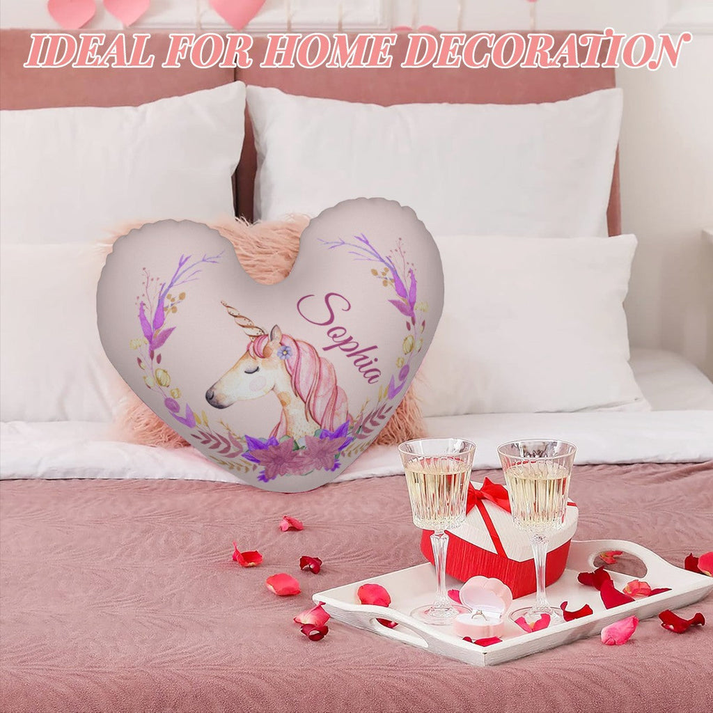 Personalized Unicorn Heart Pillow – Floral Custom Name Gift – Cotton Filling Included