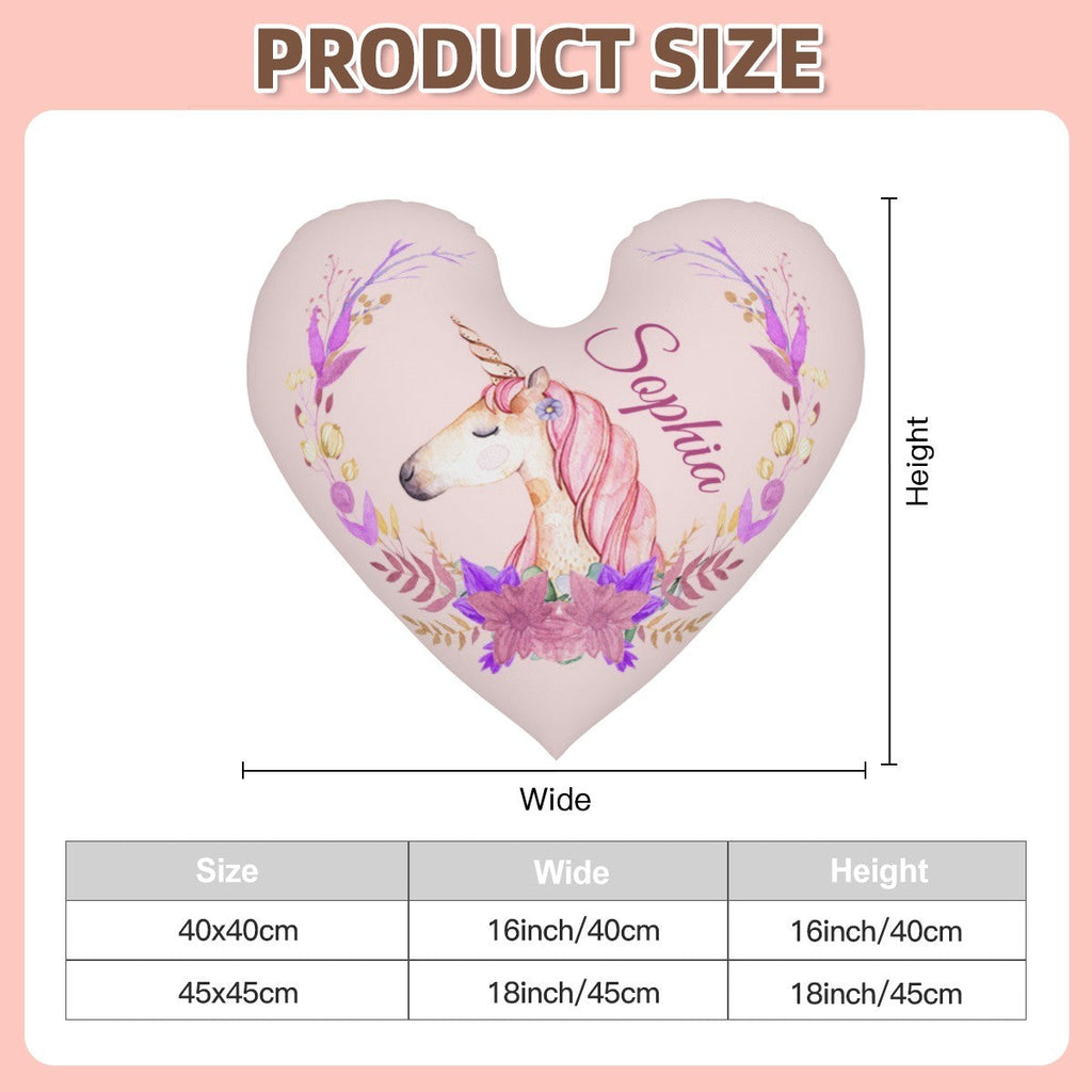 Personalized Unicorn Heart Pillow – Floral Custom Name Gift – Cotton Filling Included