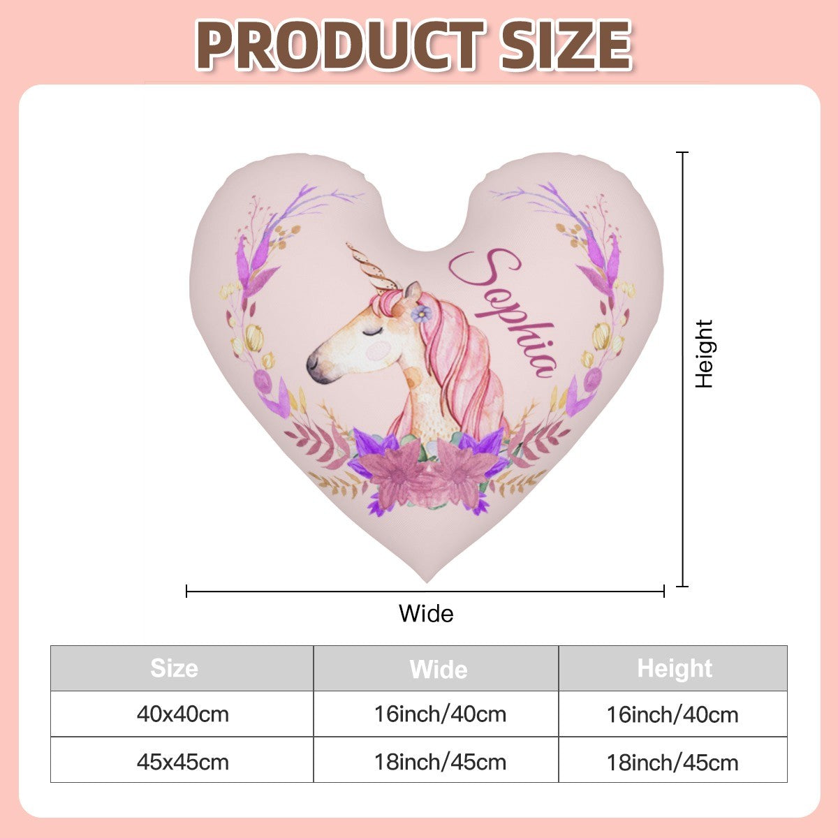 Personalized Unicorn Heart Pillow – Floral Custom Name Gift – Cotton Filling Included