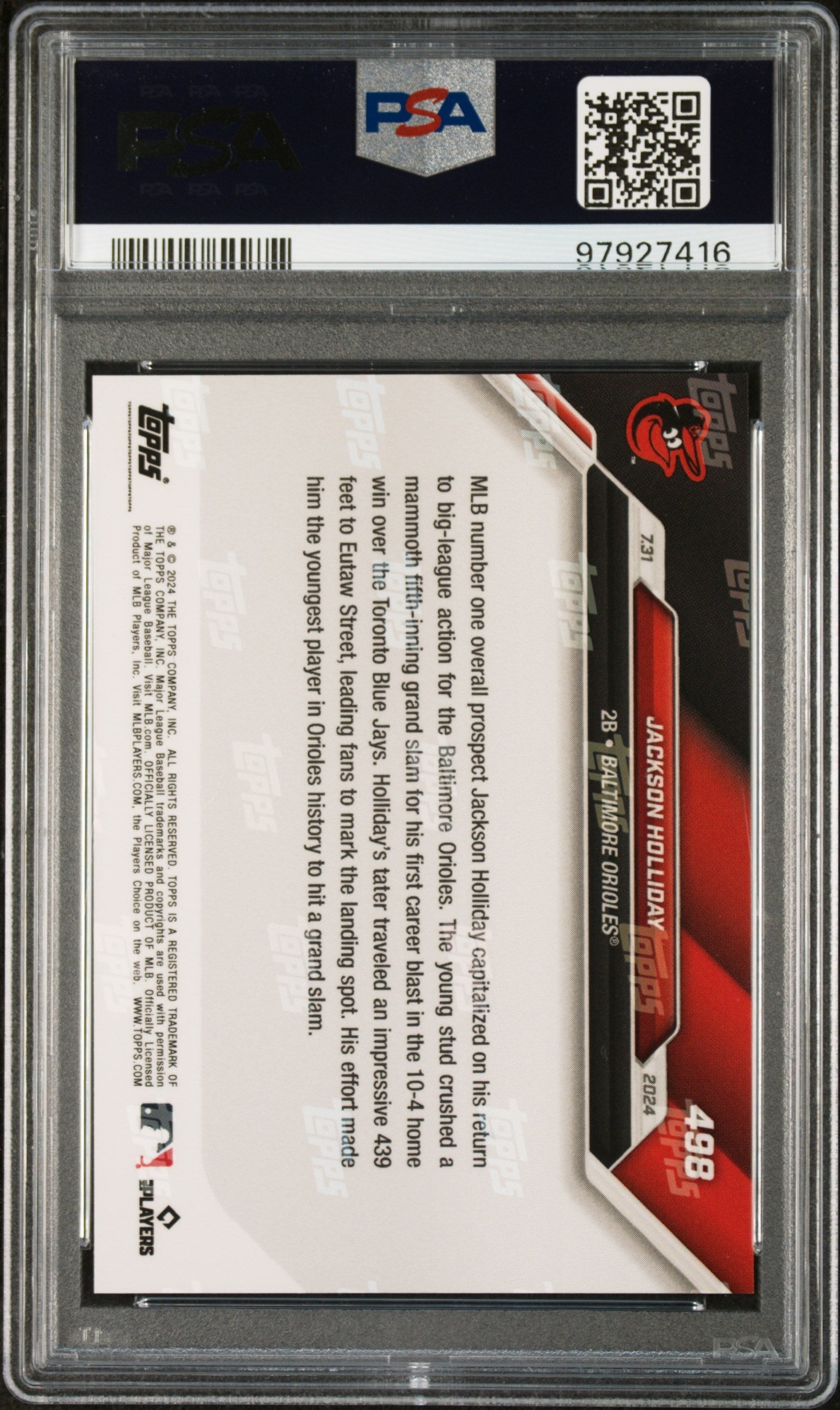 Graded 2024 Topps Now Jackson Holliday #498 1st MLB Home Run Rookie RC Baseball Card PSA 10 Gem Mint