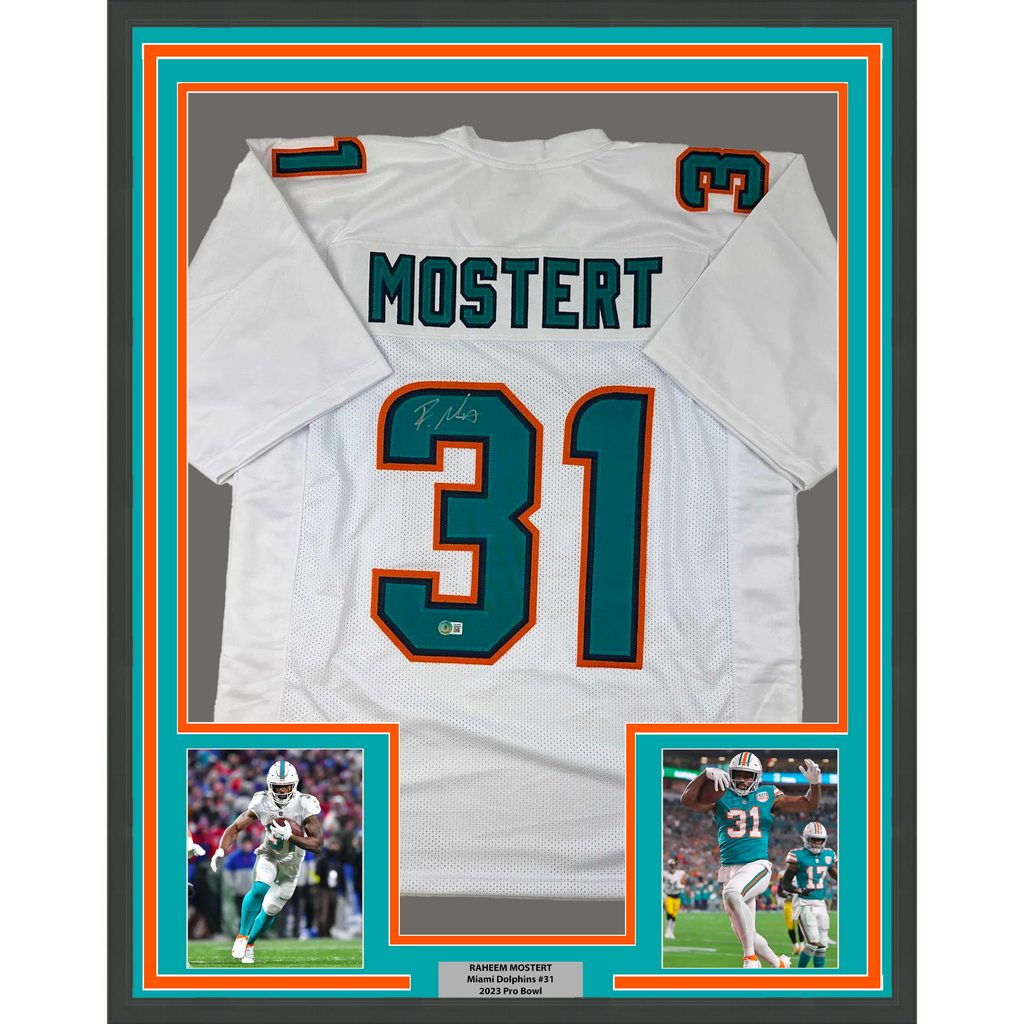 Framed Autographed/Signed Raheem Mostert 35x39 Miami White Football Jersey Beckett BAS COA