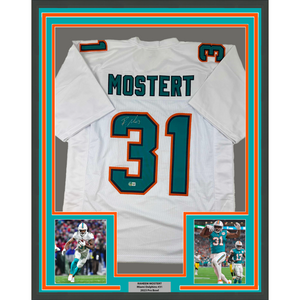Framed Autographed/Signed Raheem Mostert 35x39 Miami White Football Jersey Beckett BAS COA