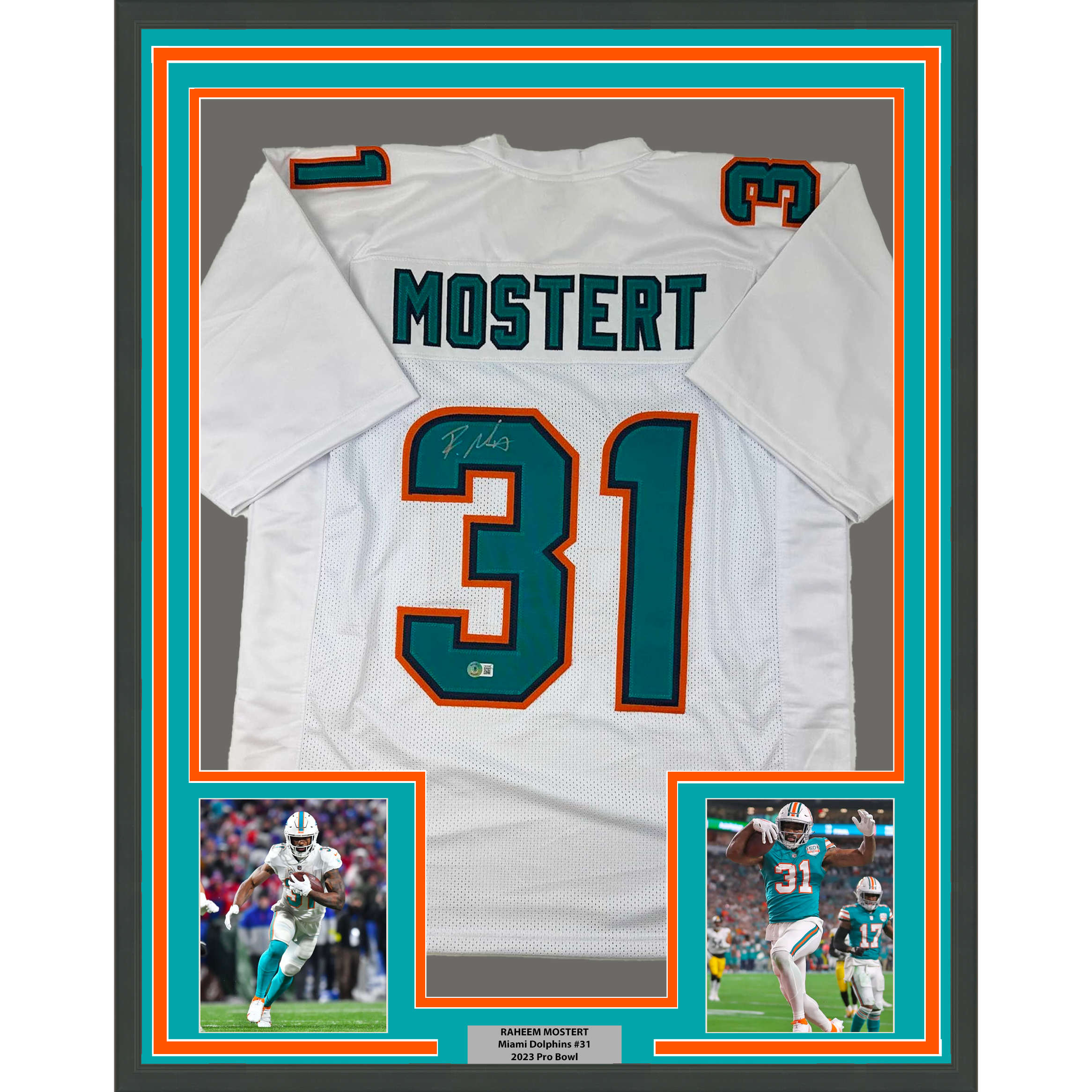 Framed Autographed/Signed Raheem Mostert 35x39 Miami White Football Jersey Beckett BAS COA