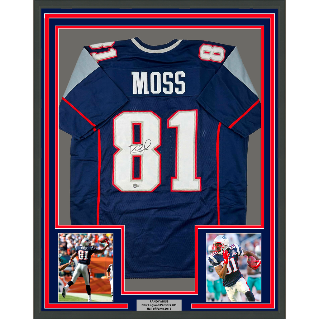 Framed Autographed/Signed Randy Moss 35x39 New England Blue Football Jersey Beckett BAS COA