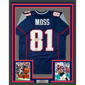 Framed Autographed/Signed Randy Moss 35x39 New England Blue Football Jersey Beckett BAS COA