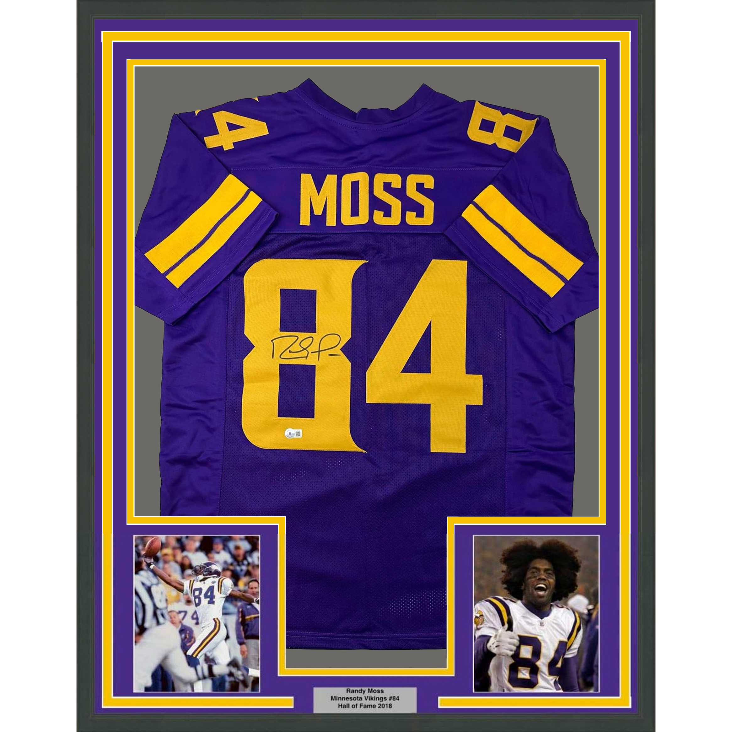 Framed Autographed/Signed Randy Moss 35x39 Minnesota Color Rush Purple Football Jersey Beckett BAS COA