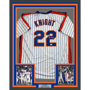 Framed Autographed/Signed Ray Knight 35x39 New York Pinstripe Baseball Jersey Beckett BAS COA