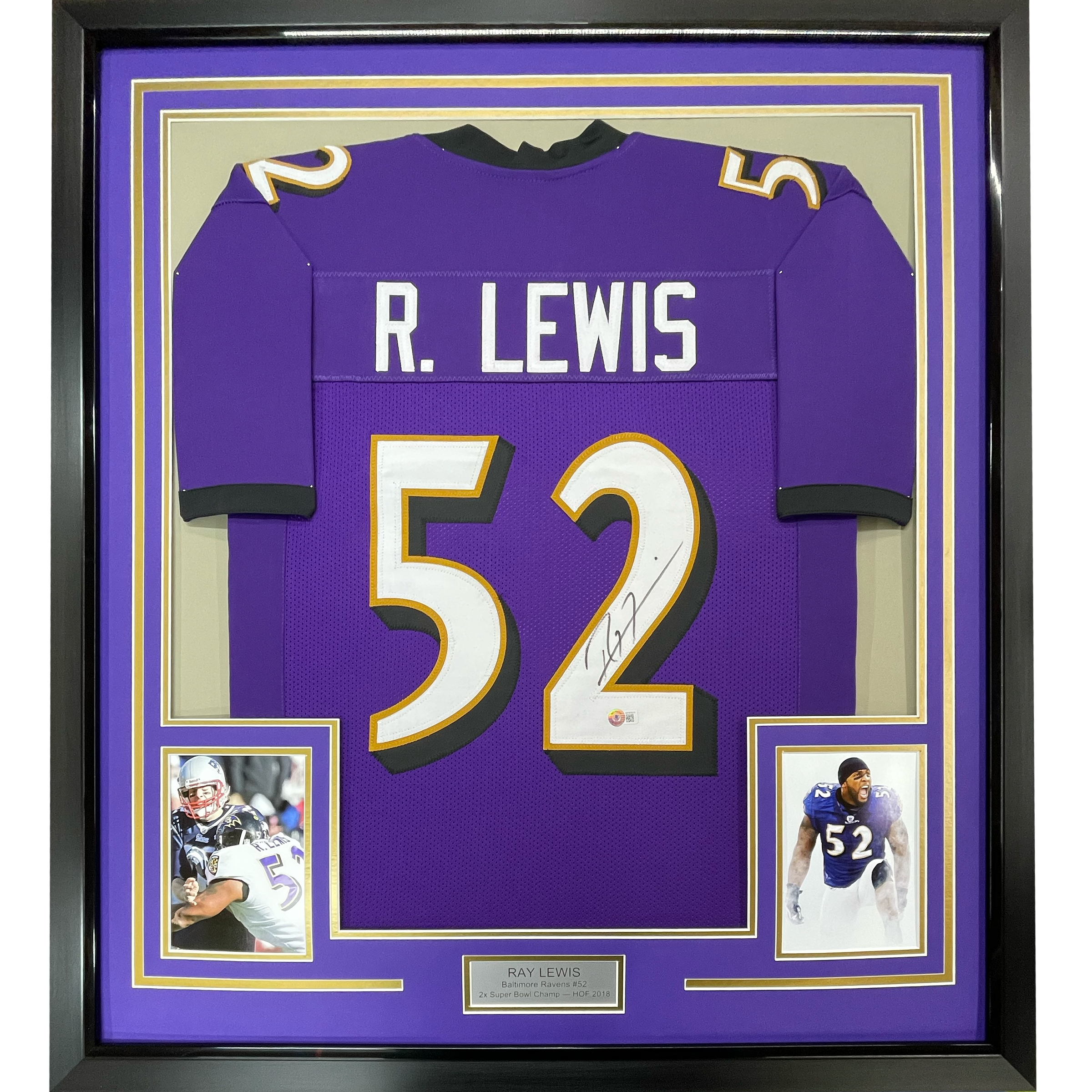 Framed Autographed/Signed Ray Lewis 35x39 Baltimore Purple Football Jersey JSA COA