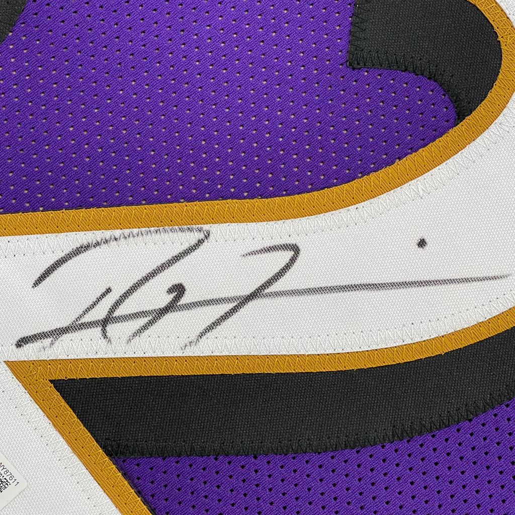 Framed Autographed/Signed Ray Lewis 35x39 Baltimore Purple Football Jersey JSA COA