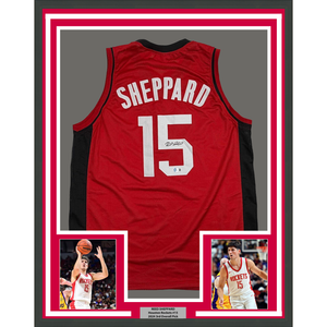 Framed Autographed/Signed Reed Sheppard 35x39 Houston Red Basketball Jersey Beckett BAS COA