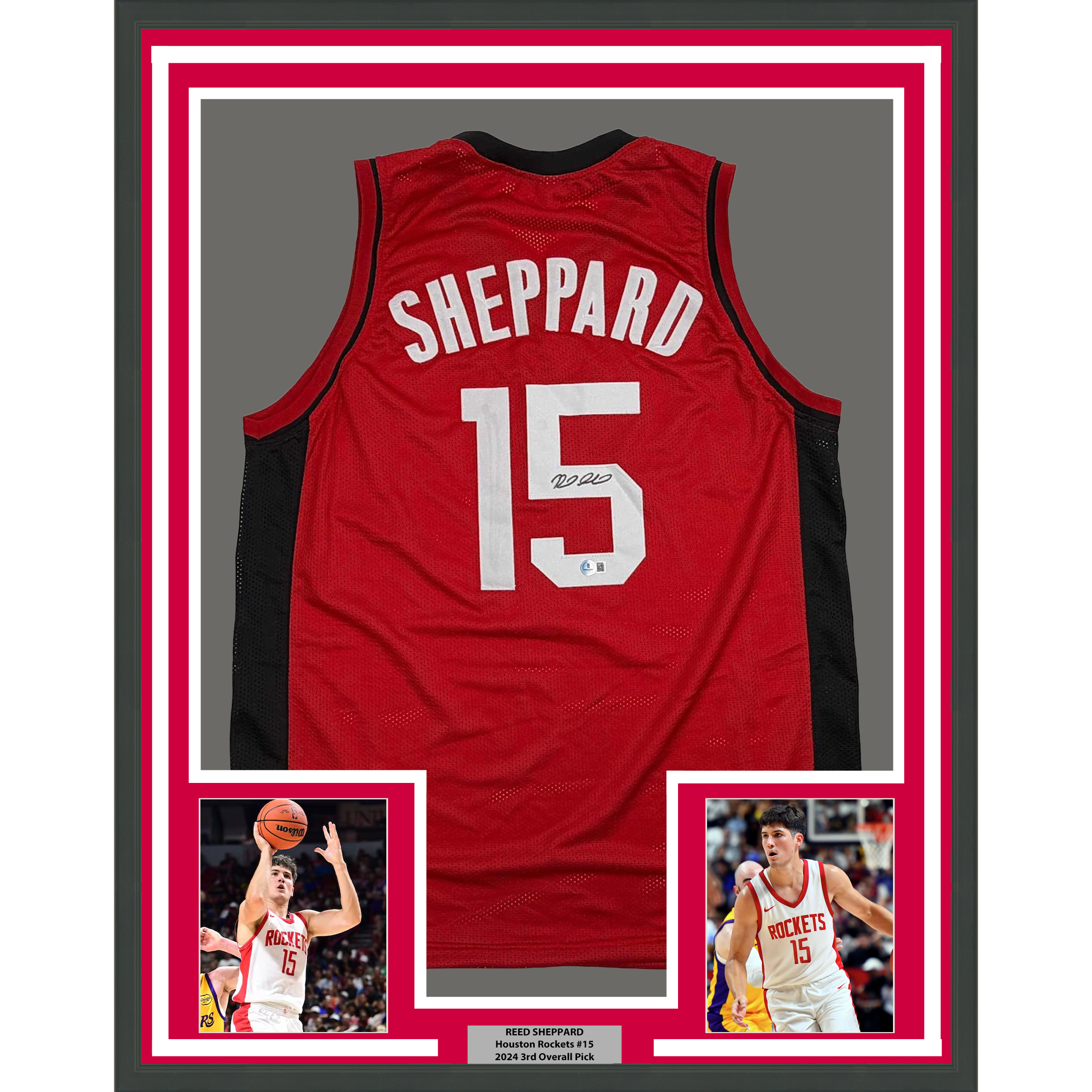 Framed Autographed/Signed Reed Sheppard 35x39 Houston Red Basketball Jersey Beckett BAS COA