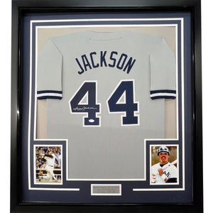 Framed Autographed/Signed Reggie Jackson 35x39 New York Grey Baseball Jersey JSA COA