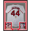 Framed Autographed/Signed Reggie Jackson 35x39 California Los Angeles White Baseball Jersey JSA COA