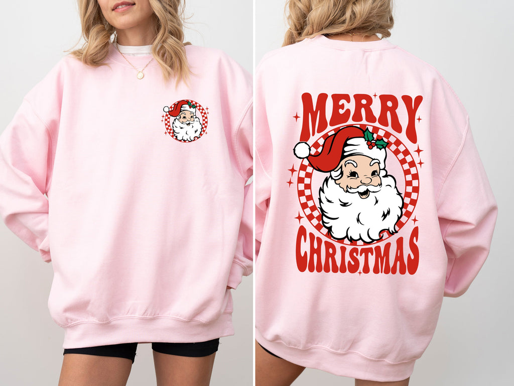 Retro Santa Checkered Front and Back Merry Christmas Winter Snow Xmas Sweatshirt