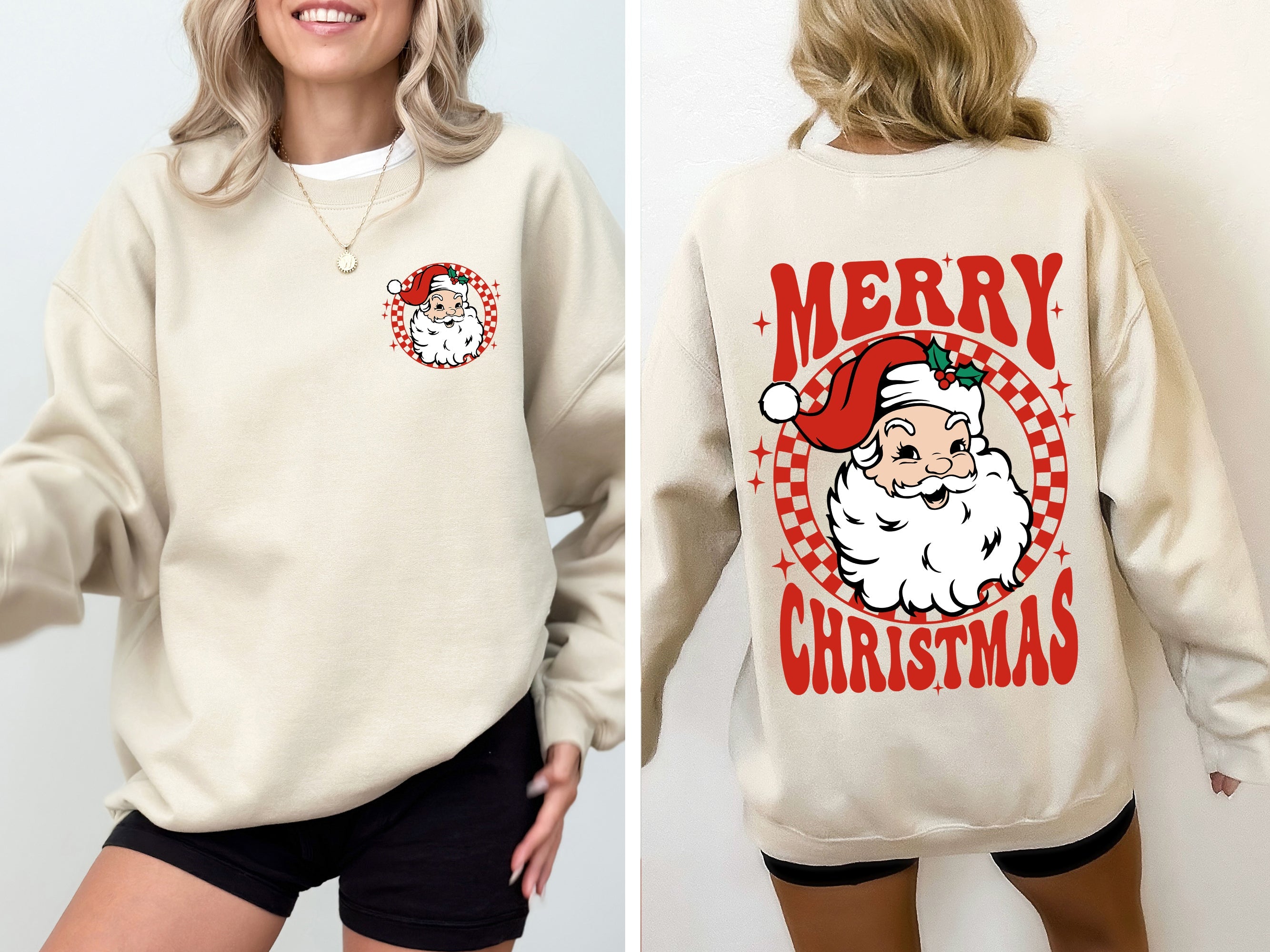 Retro Santa Checkered Front and Back Merry Christmas Winter Snow Xmas Sweatshirt