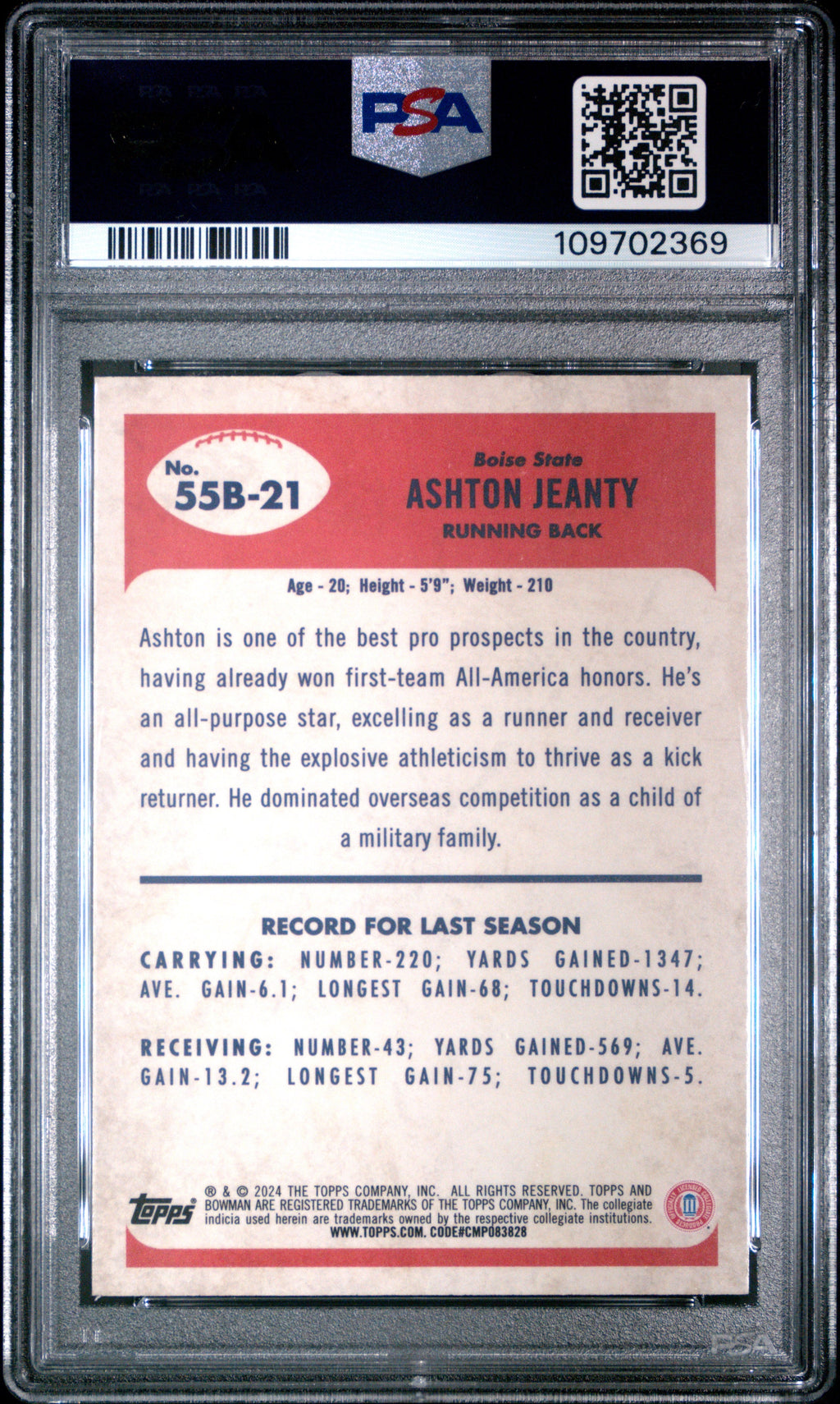 Graded 2024 Topps Bowman U Chrome Ashton Jeanty #55B21 1955 Bowman Rookie RC Football Card PSA 10 Gem Mint