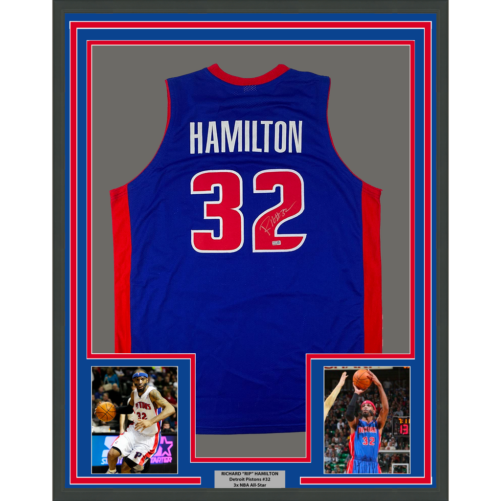 Framed Autographed/Signed Richard Rip Hamilton 35x39 Detroit Blue Basketball Jersey Steiner COA
