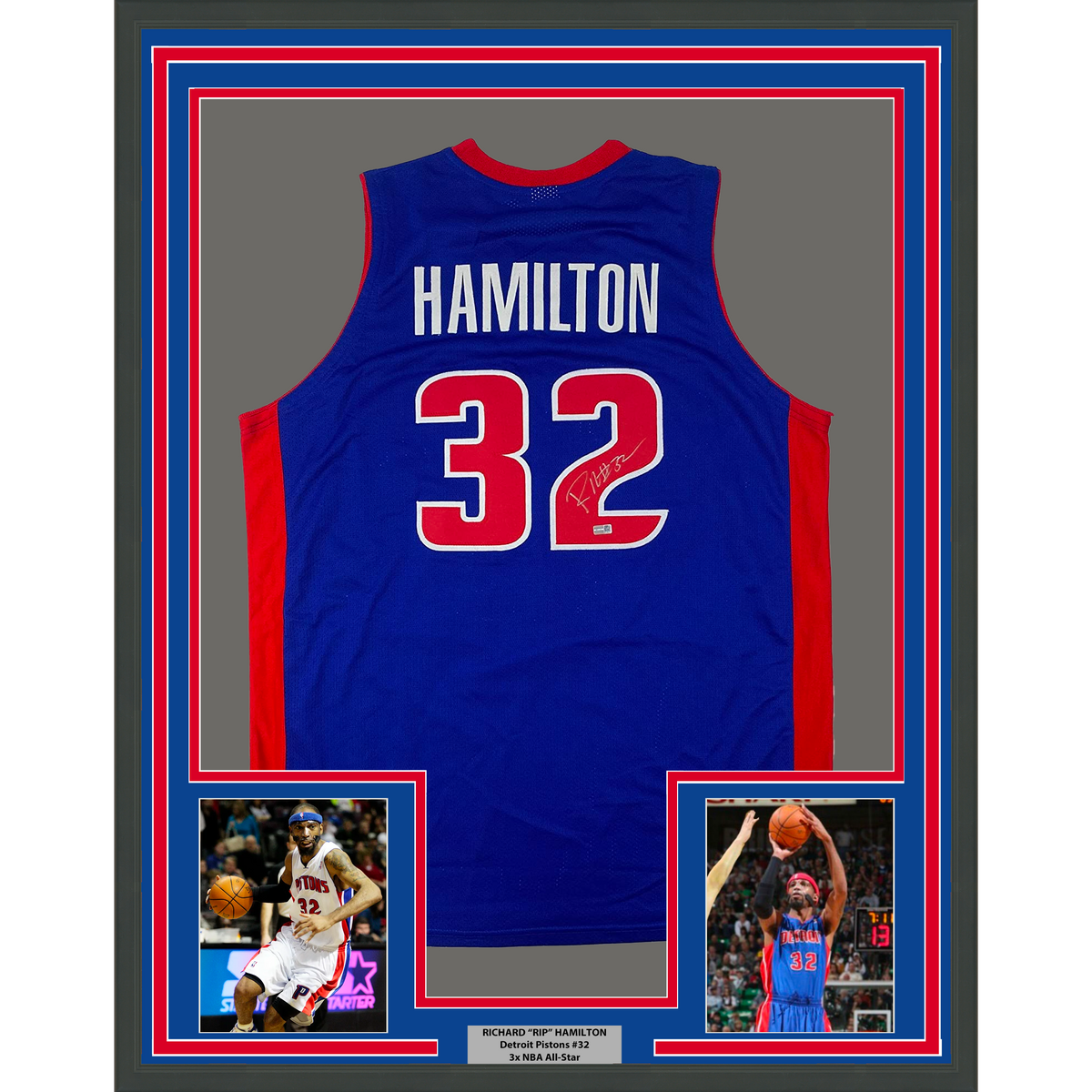 Framed Autographed/Signed Richard Rip Hamilton 35x39 Detroit Blue Basketball Jersey Steiner COA