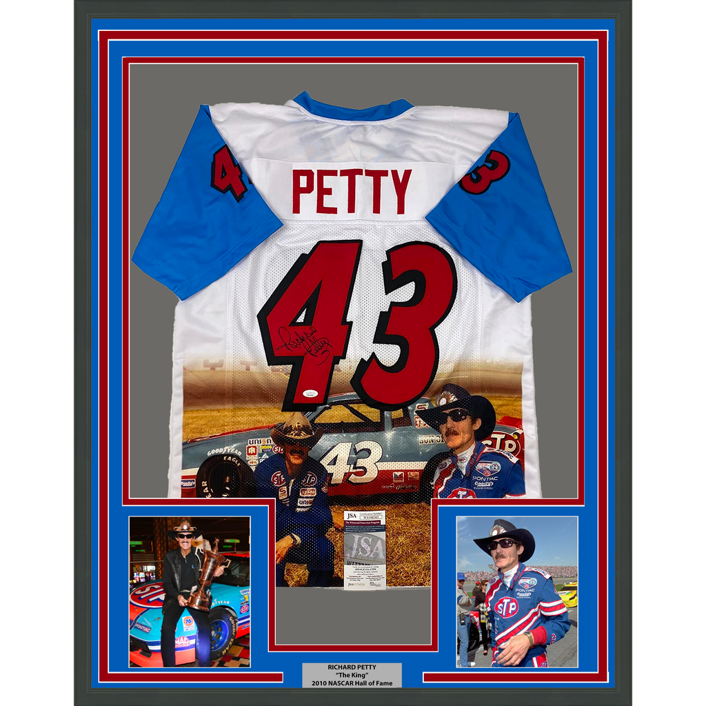 Framed Autographed/Signed Richard Petty 35x39 NASCAR Auto Racing White Photo Jersey JSA COA
