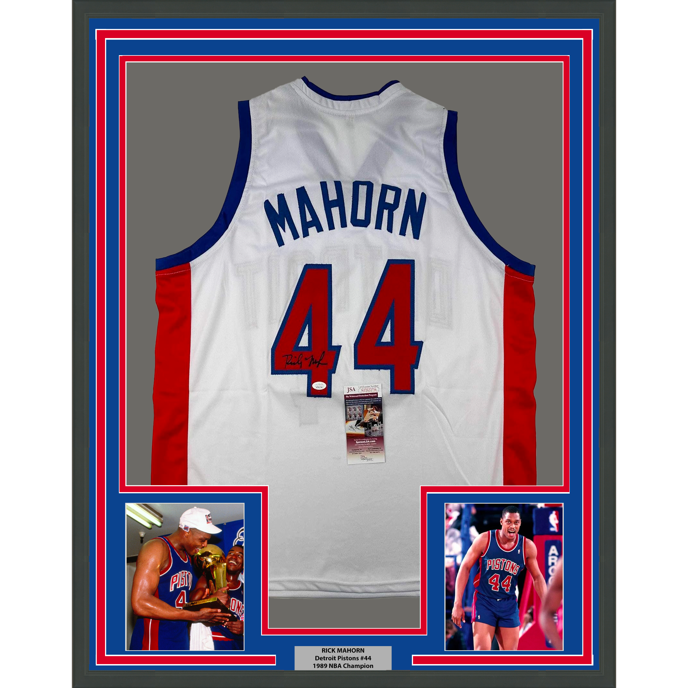 Framed Autographed/Signed Rick Mahorn 35x39 Detroit White Basketball Jersey JSA COA