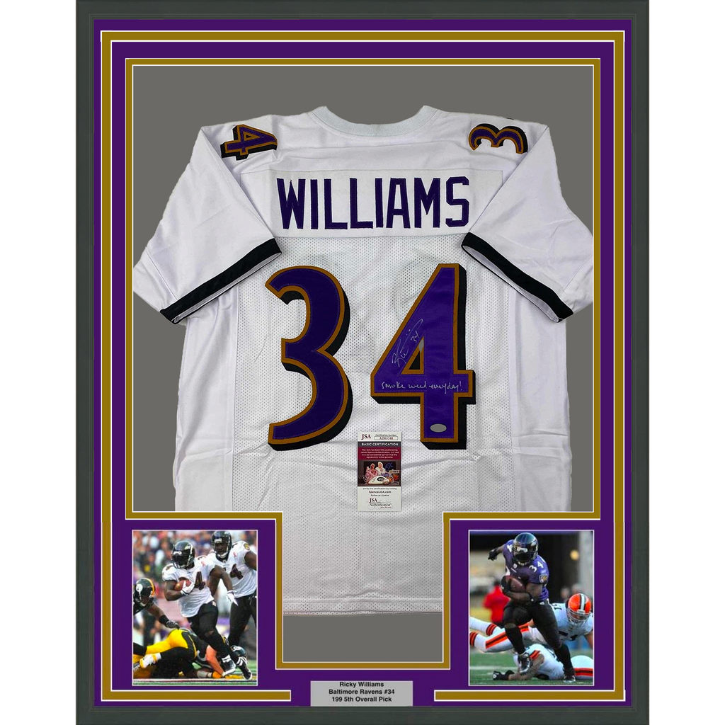 Framed Autographed/Signed Ricky Williams 35x39 Smoke Weed Everyday Inscribed Baltimore White Football Jersey JSA COA