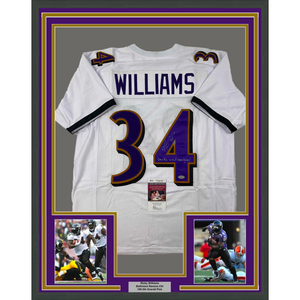 Framed Autographed/Signed Ricky Williams 35x39 Smoke Weed Everyday Inscribed Baltimore White Football Jersey JSA COA