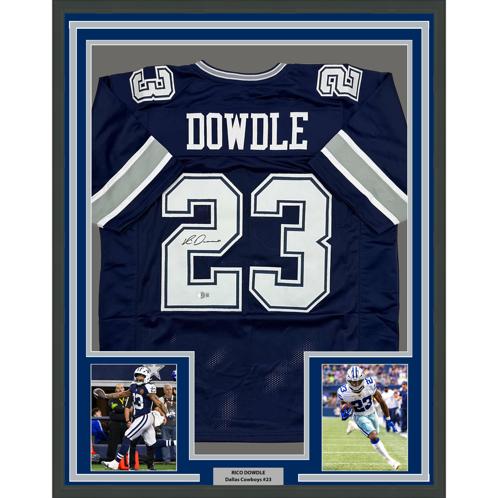 Framed Autographed/Signed Rico Dowdle 35x39 Dallas Blue Football Jersey Beckett BAS COA