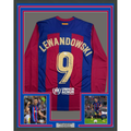 Framed Autographed/Signed Robert Lewandowski 35x39 FC Barcelona Blue Soccer Jersey Beckett BAS COA