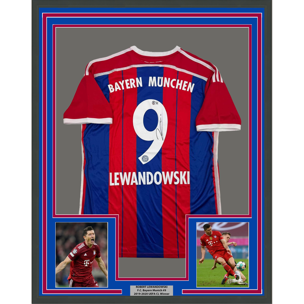 Framed Autographed/Signed Robert Lewandowski 35x39 FC Bayern Munich Red Soccer Futbol Jersey Beckett BAS COA