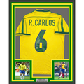 Framed Autographed/Signed Roberto Carlos 35x39 Brazil Yellow Soccer Jersey Beckett BAS COA
