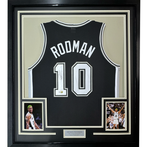 Framed Autographed/Signed Dennis Rodman 35x39 San Antonio Black Basketball Jersey PSA/DNA COA