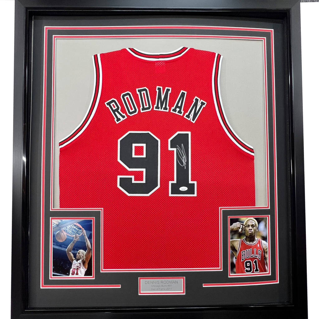 Framed Autographed/Signed Dennis Rodman 35x39 Chicago Red Basketball Jersey JSA COA