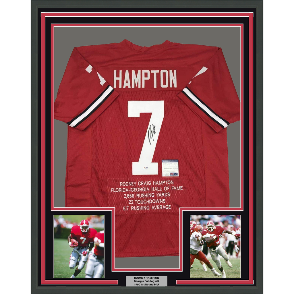 Framed Autographed/Signed Rodney Hampton 35x39 Georgia Red Stat College Football Jersey PSA/DNA COA