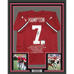 Framed Autographed/Signed Rodney Hampton 35x39 Georgia Red Stat College Football Jersey PSA/DNA COA