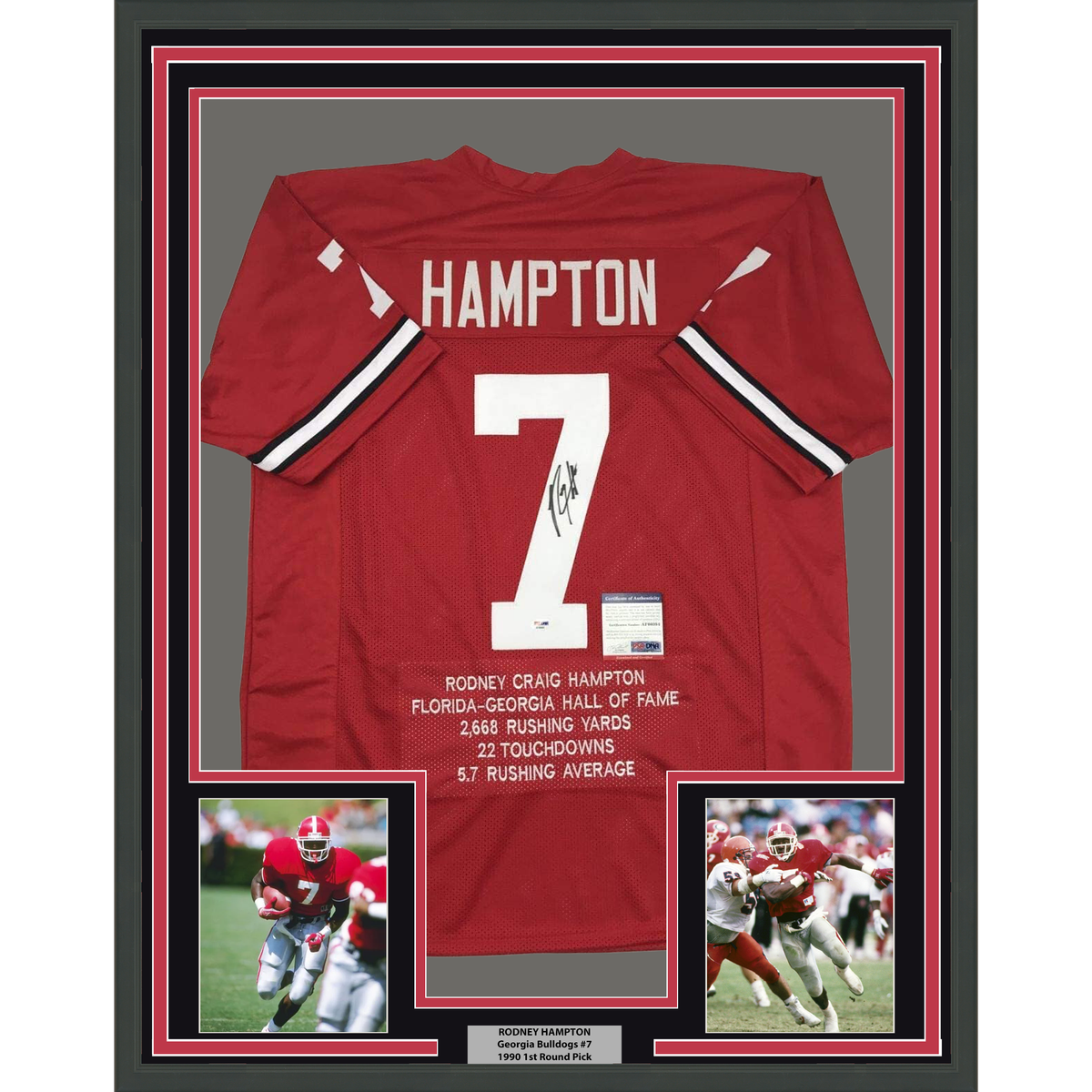 Framed Autographed/Signed Rodney Hampton 35x39 Georgia Red Stat College Football Jersey PSA/DNA COA