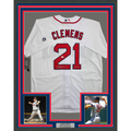 Framed Autographed/Signed Roger Clemens "Rocket" 35x39 Boston White Baseball Jersey JSA COA