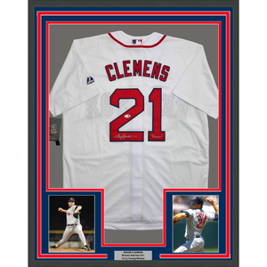 Framed Autographed/Signed Roger Clemens "Rocket" 35x39 Boston White Baseball Jersey JSA COA