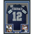 Framed Autographed/Signed Roger Staubach 35x39 Dallas Blue Football Jersey Beckett BAS COA