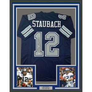 Framed Autographed/Signed Roger Staubach 35x39 Dallas Blue Football Jersey Beckett BAS COA