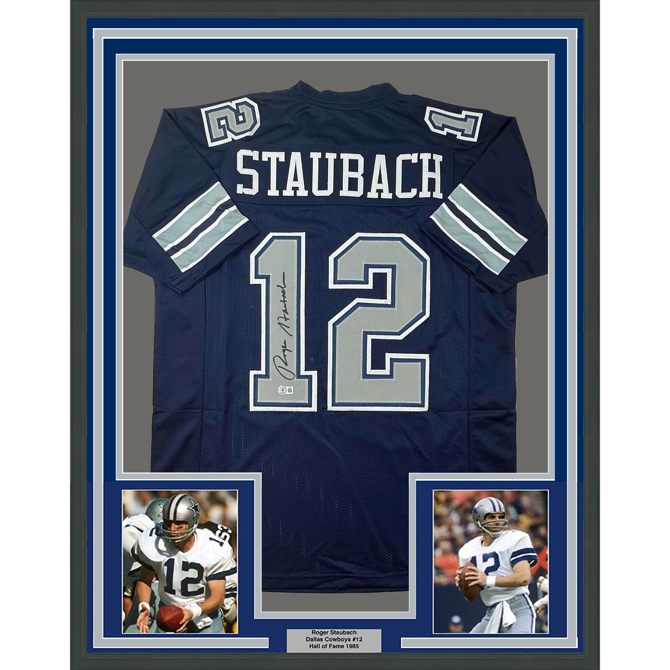 Framed Autographed/Signed Roger Staubach 35x39 Dallas Blue Football Jersey Beckett BAS COA