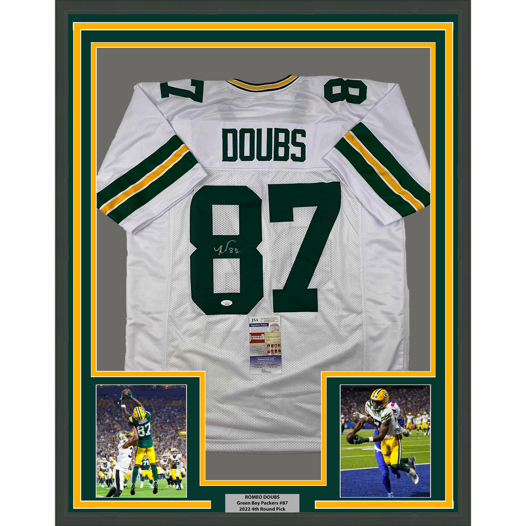 Framed Autographed/Signed Romeo Doubs 35x39 Green Bay White Football Jersey JSA COA
