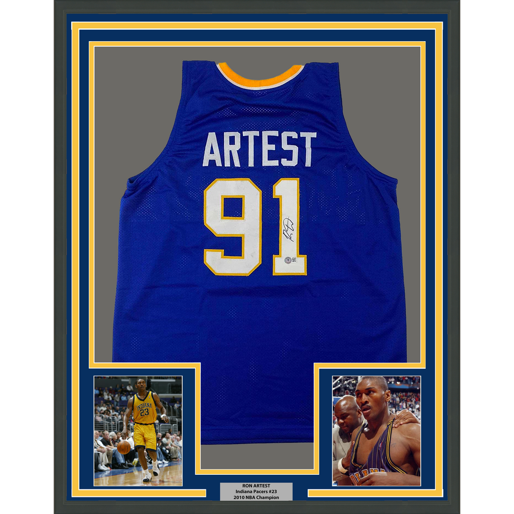 Framed Autographed/Signed Ron Artest Metta World Peace 35x39 Indiana Blue #91 Basketball Jersey Beckett BAS COA