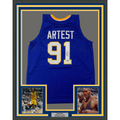 Framed Autographed/Signed Ron Artest Metta World Peace 35x39 Indiana Blue #91 Basketball Jersey Beckett BAS COA